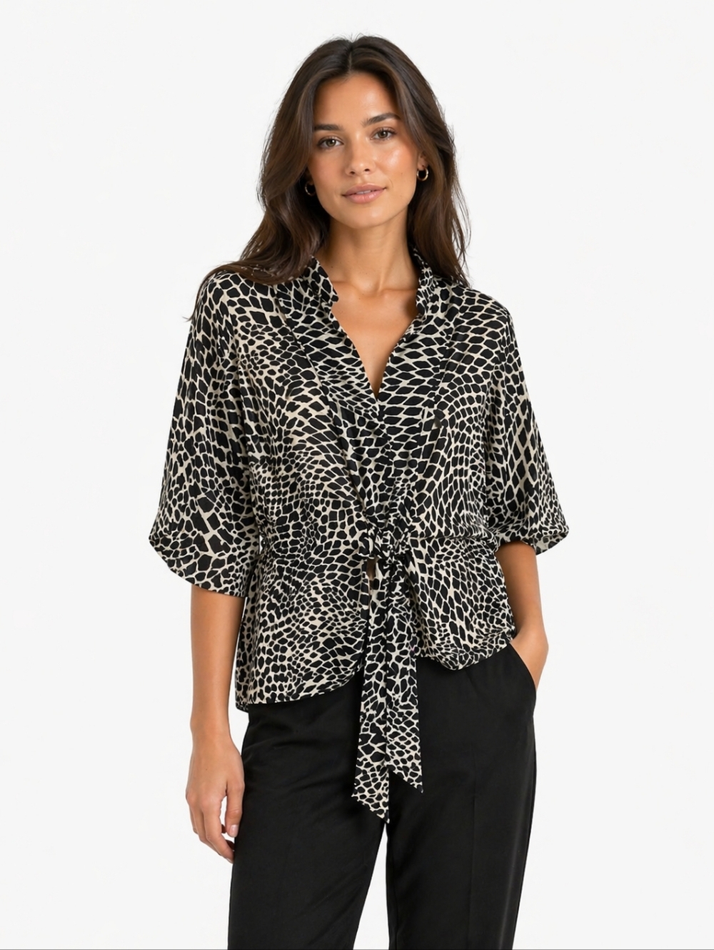 Emma James: Black and White Geometric Design Blouse Front Tie Size 14